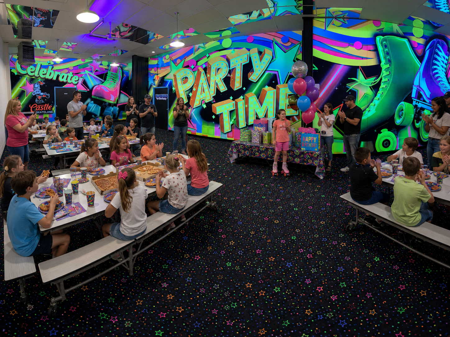 Bright party room setup at Castle Skateland